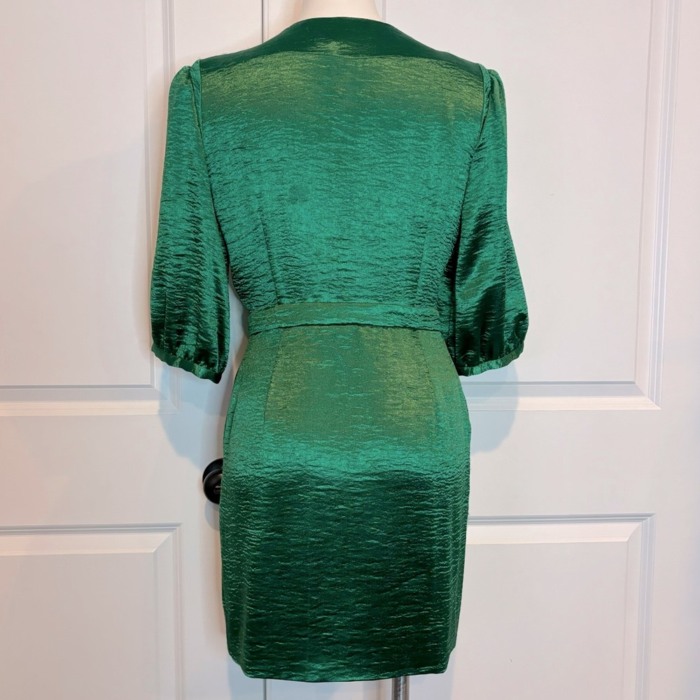 ba&sh Camil Green Short Sleeve Wrap Textured Satin Cocktail Dress 8 - Picture 8 of 13